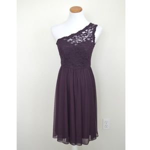 David's Bridal PLUM Short Lace Mesh One Shoulder